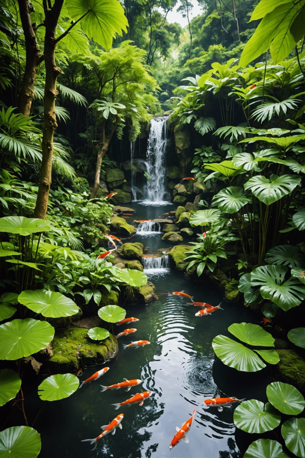 Lush Jungle Forest with Koi Pond and Waterfalls