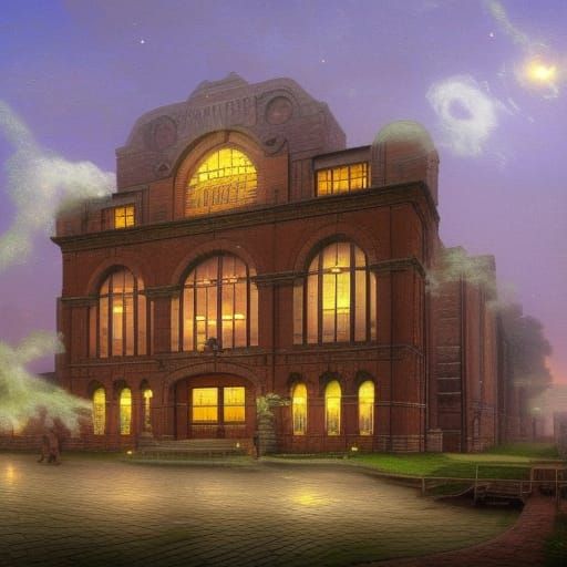 Steampunk Brick Building with Green Light
