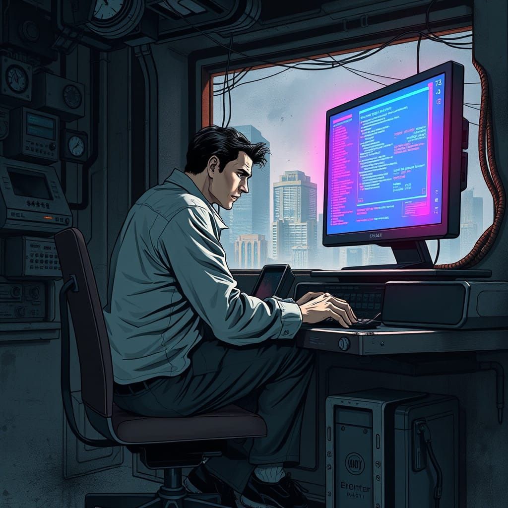 Cyberpunk Figure Studies Dark, Futuristic Machinery in Dysto...