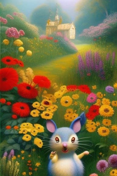 Playful Mouse in Garden: Whimsical Digital Art