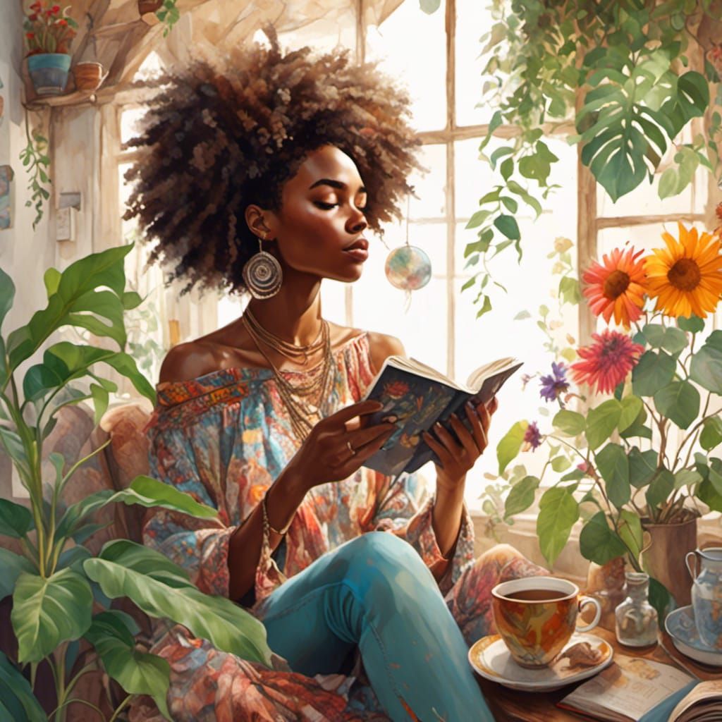 Boho Illustration: African American Woman Reading