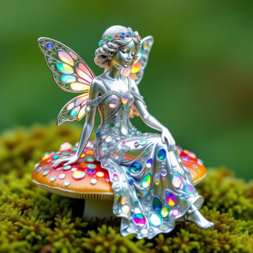 Miniature Jugendstil Girl with Crystals on Mushroom