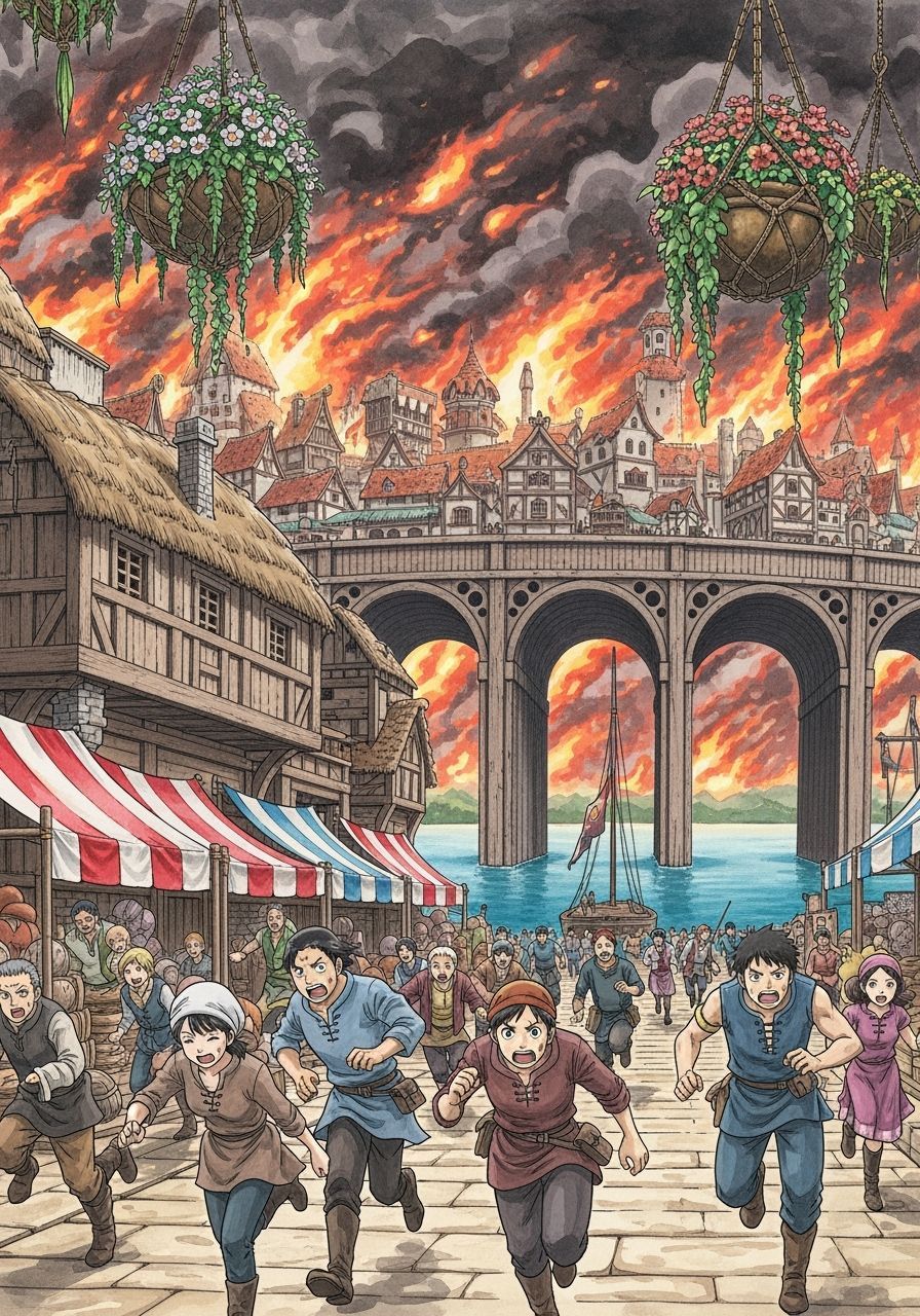 Anime-Inspired Town Ablaze Over a Vast Lake