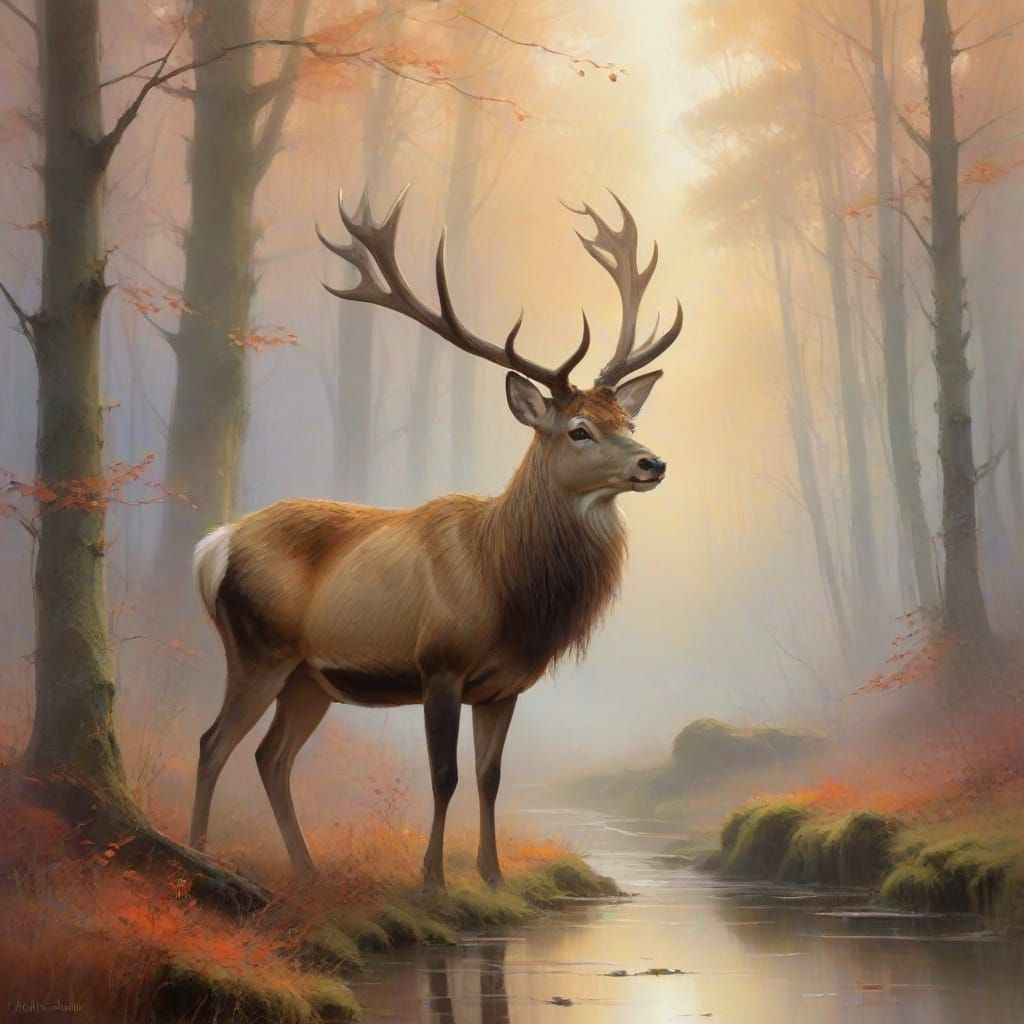 Misty Autumn Woodland with Stag in Serene Twilight