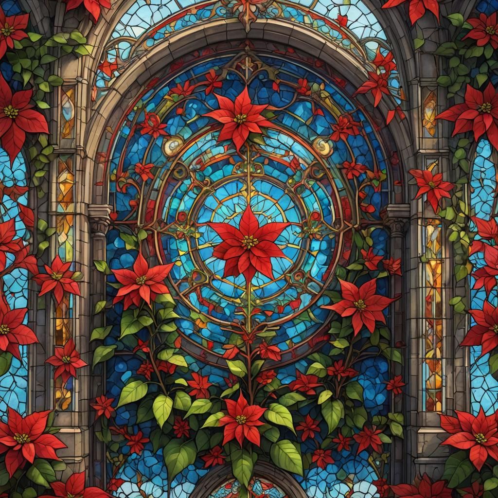 Stained Glass Cathedral with Red Poinsettia Flower
