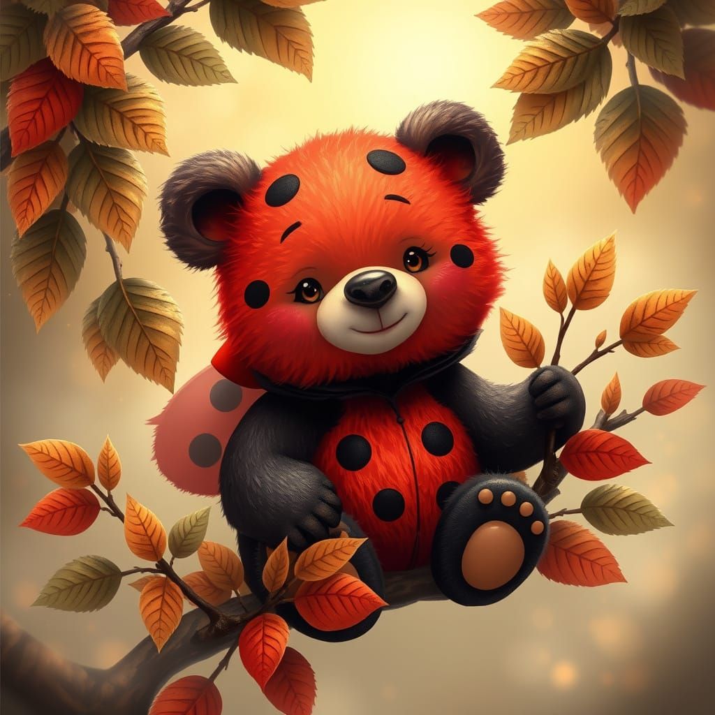 A whimsical realistic bear, featuring vibrant red fur and bl...