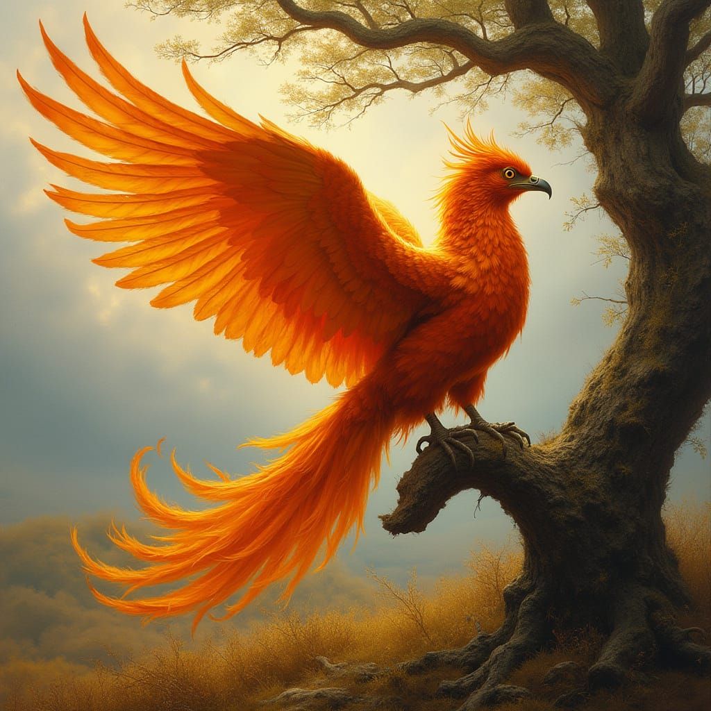 Fiery Phoenix Majestic on Ancient Tree Branch