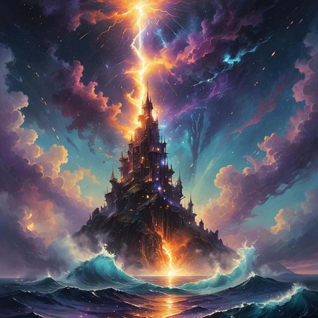 Iridescent Spark Shines Above Calm Ocean: Fantasy Art