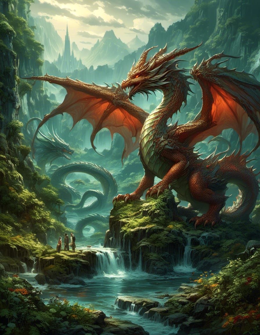 Majestic Dragon Soaring Above Fantasy Landscape