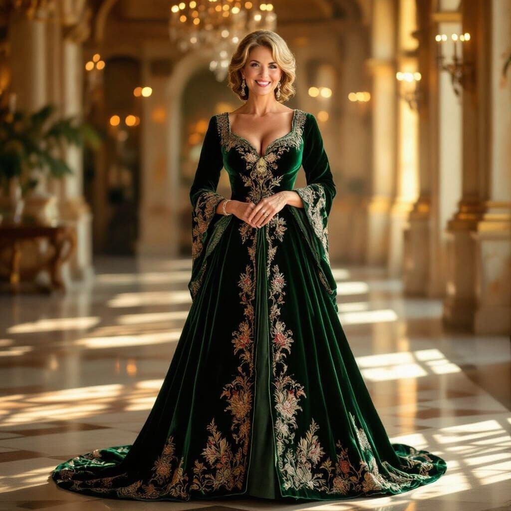 Happy Woman in Ornate Emerald Gown, Renaissance Portrait Sty...