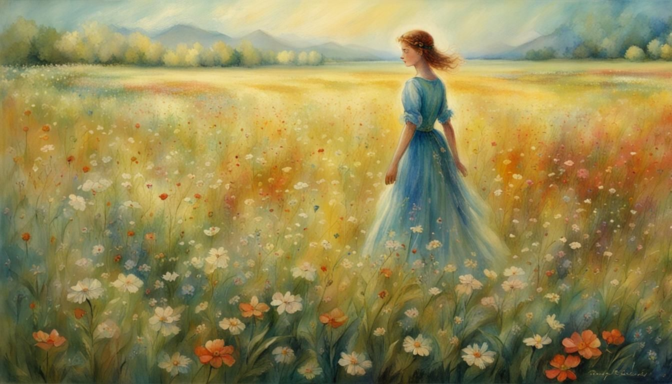 Woman in Flower Field, Magical Realism Style