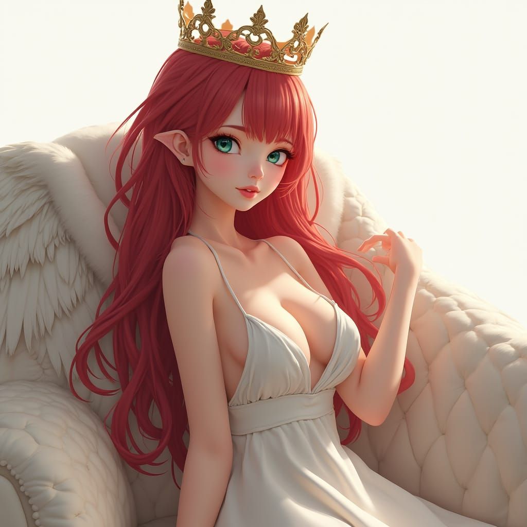 Woman with Red Hair in White Dress, Matte Painting Style