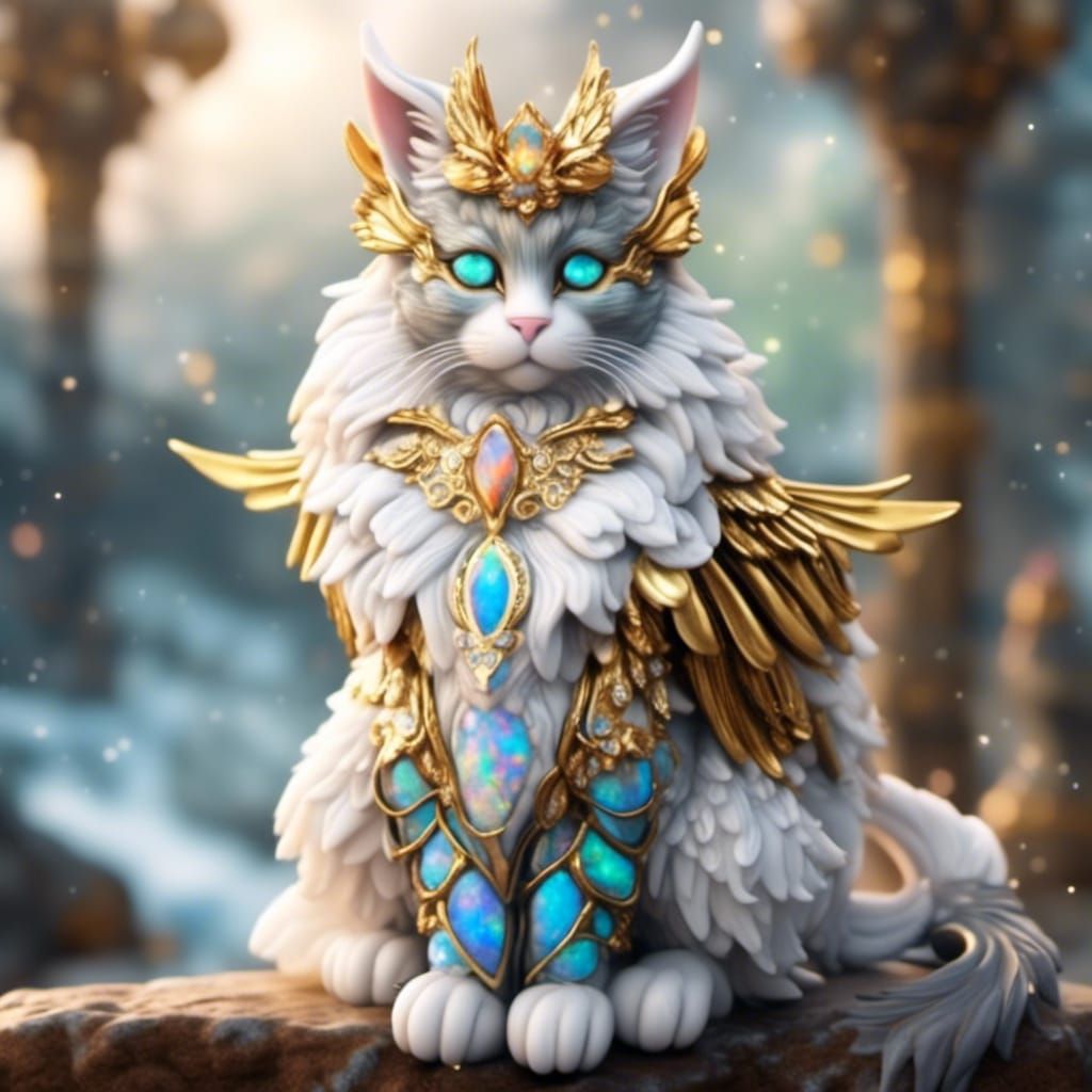 Opal Valkyrie Cat with Golden Wings