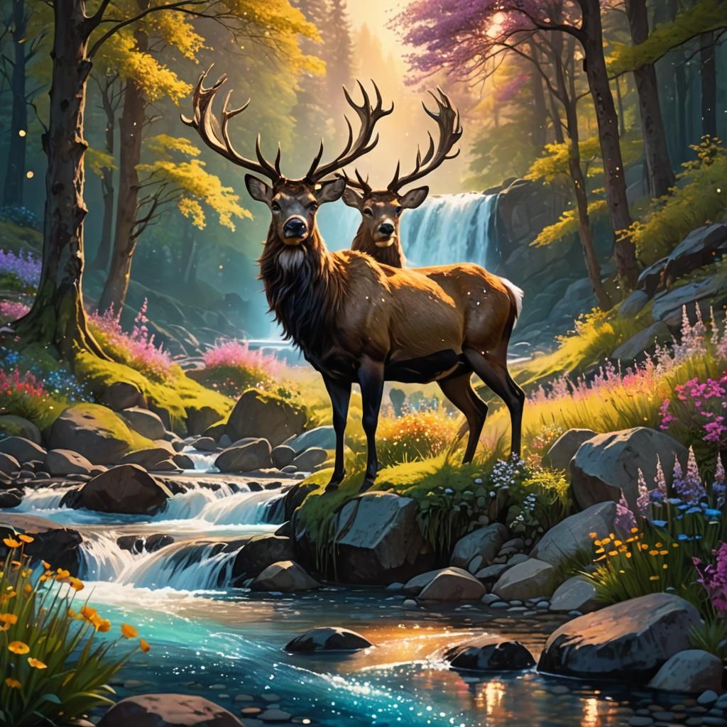 Stag by Enchanted River in Hyperdetailed Illustration