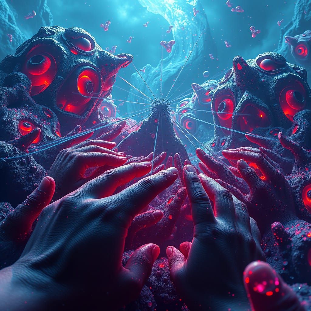 Vibrant Op Art Masterpiece of Interconnected Fingers