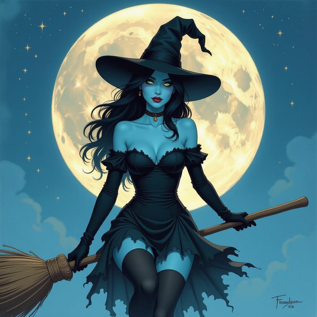 Blue-Skinned Witch Rides Broomstick in Oil Painting Style