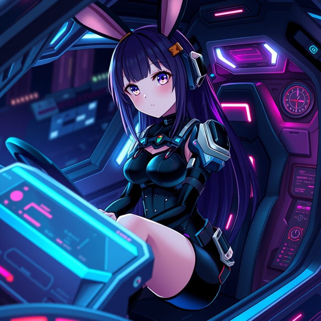 Anime Girl in Mecha Car Cockpit with Cyberpunk Style