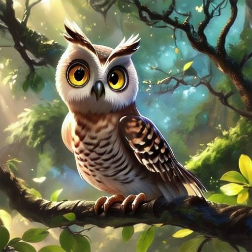 Bear-Faced Owl Perched on Branch in Watercolor Style