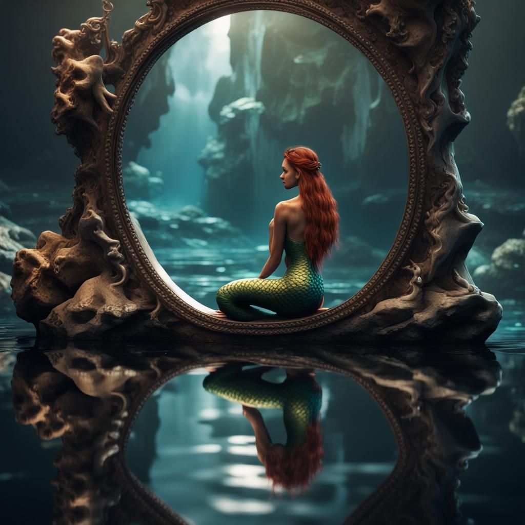 Realistic Mermaid Gazing into Mirror on Rock