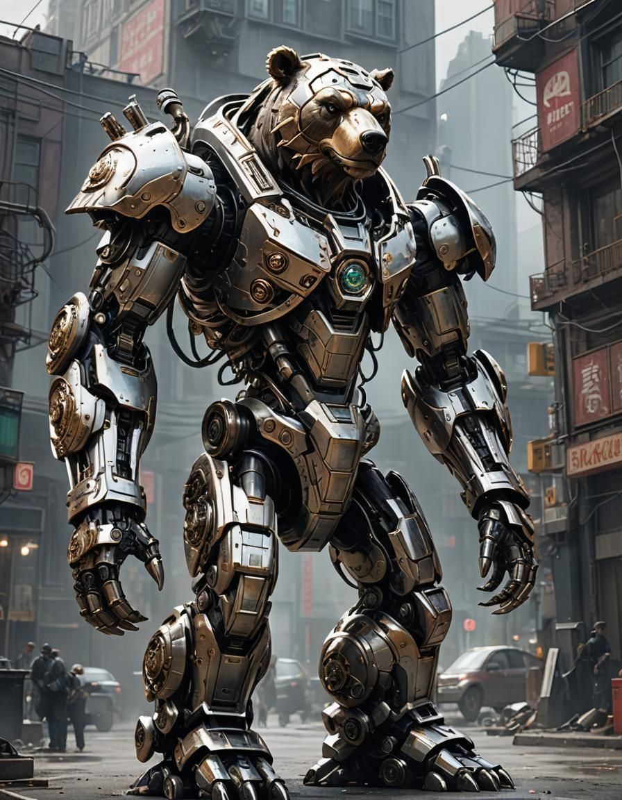 Detailed Bear Mech Emerges from Cloudy Background