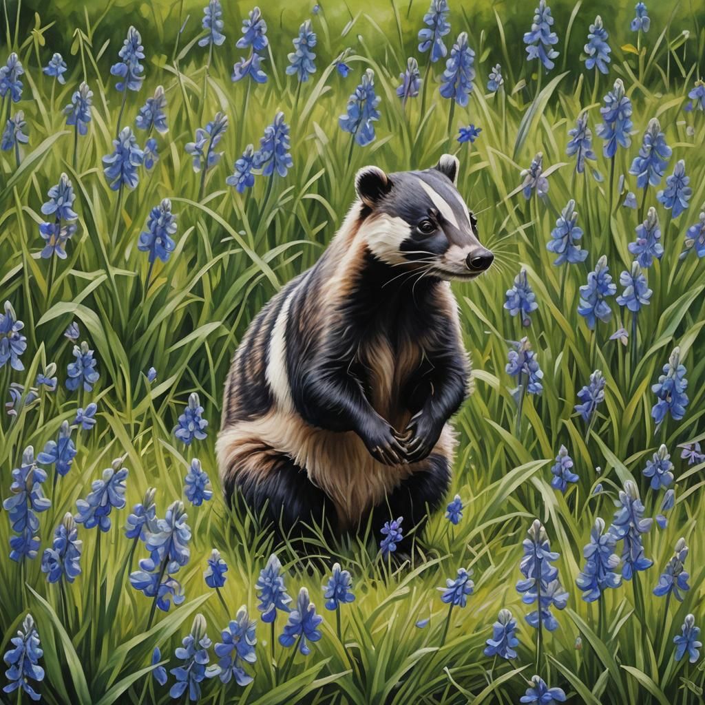 Badger Smelling Bluebells in Hyperrealistic Oil Painting