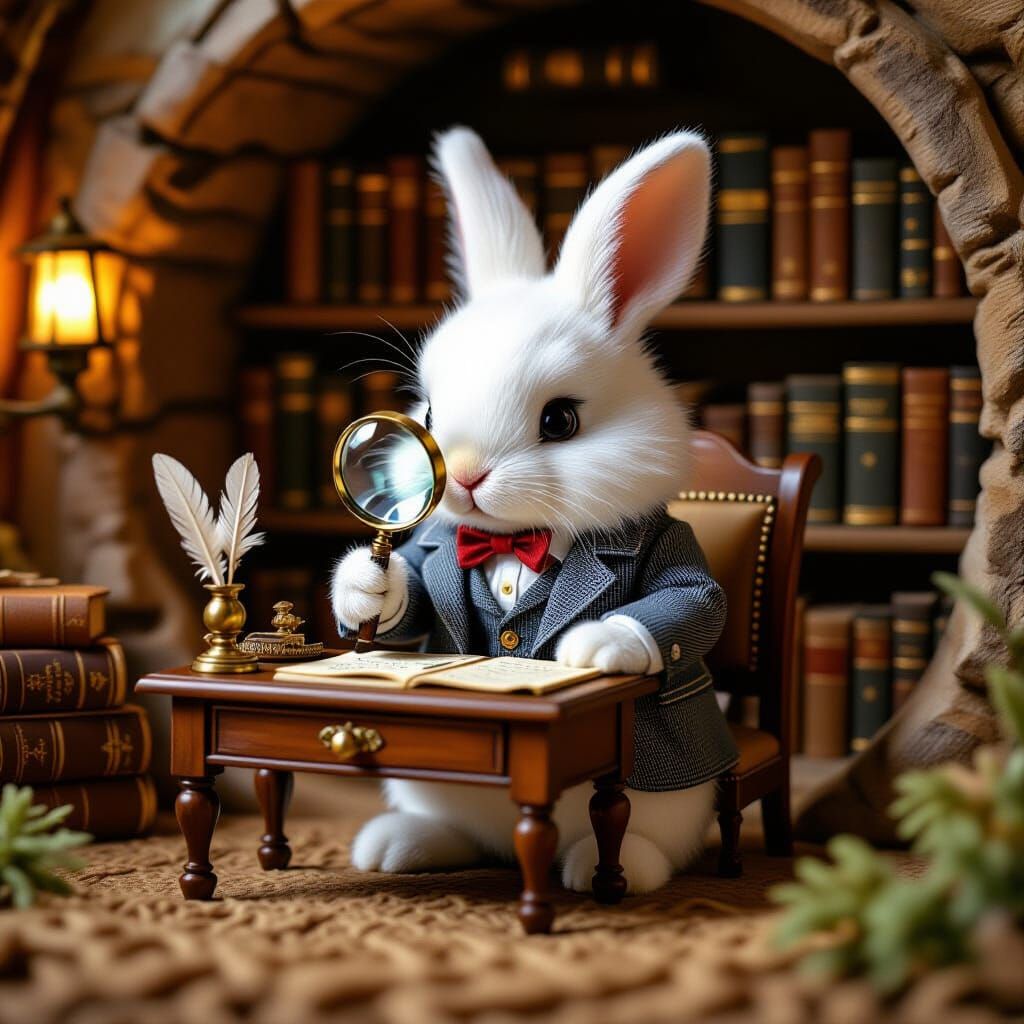 Rabbit Detective in Cozy Burrow, Storybook Illustration