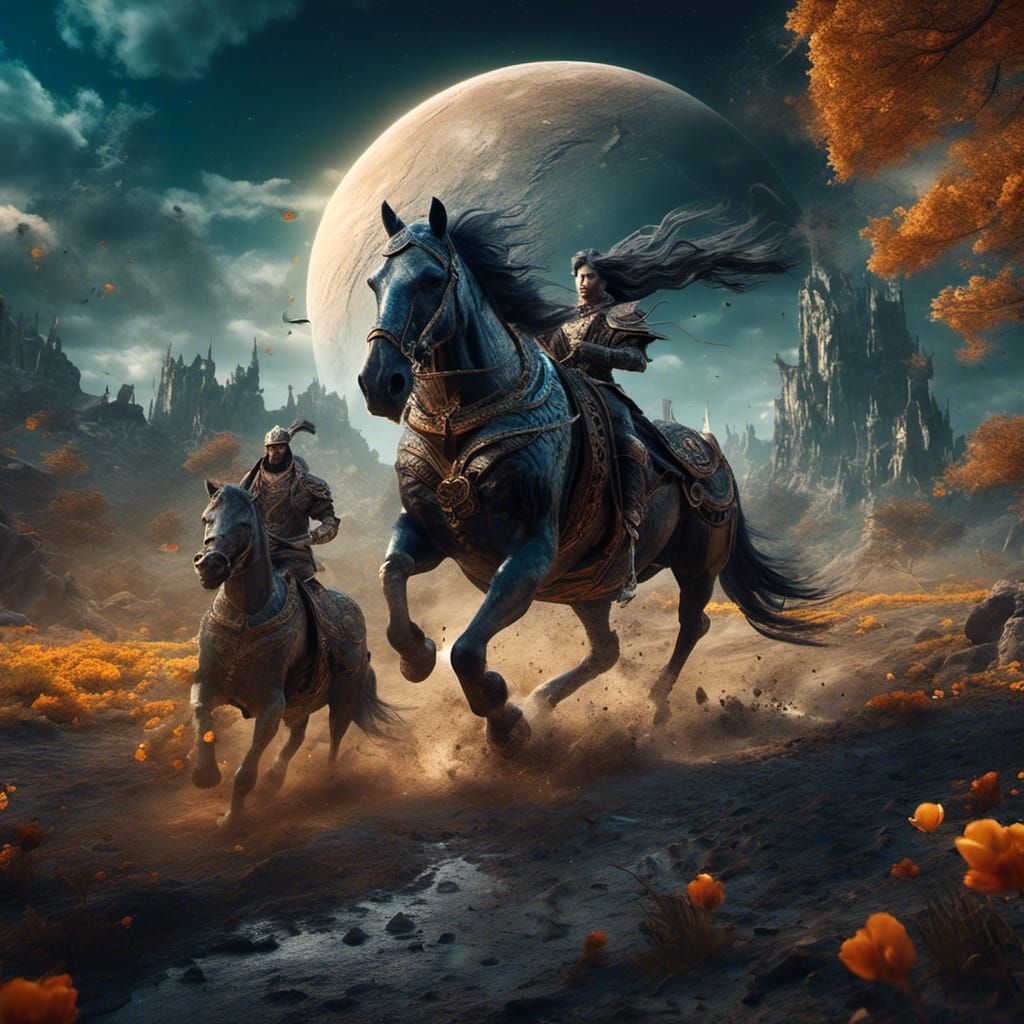 Tiger and Horse Running on Lunar Landscape