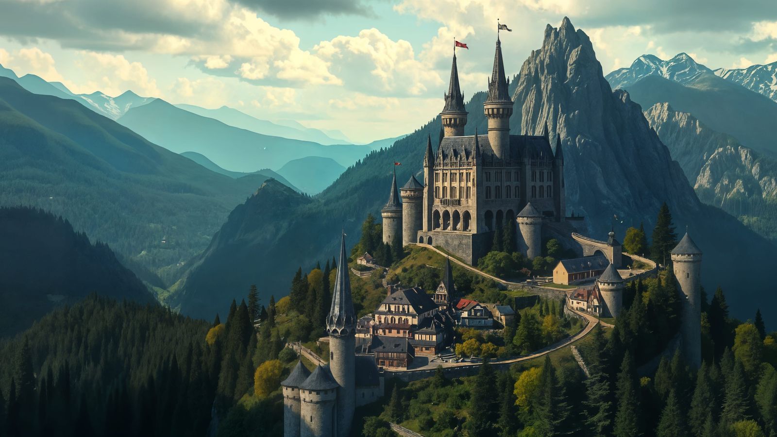 Mountain Castle Overlooking Village in Fantasy Art Style