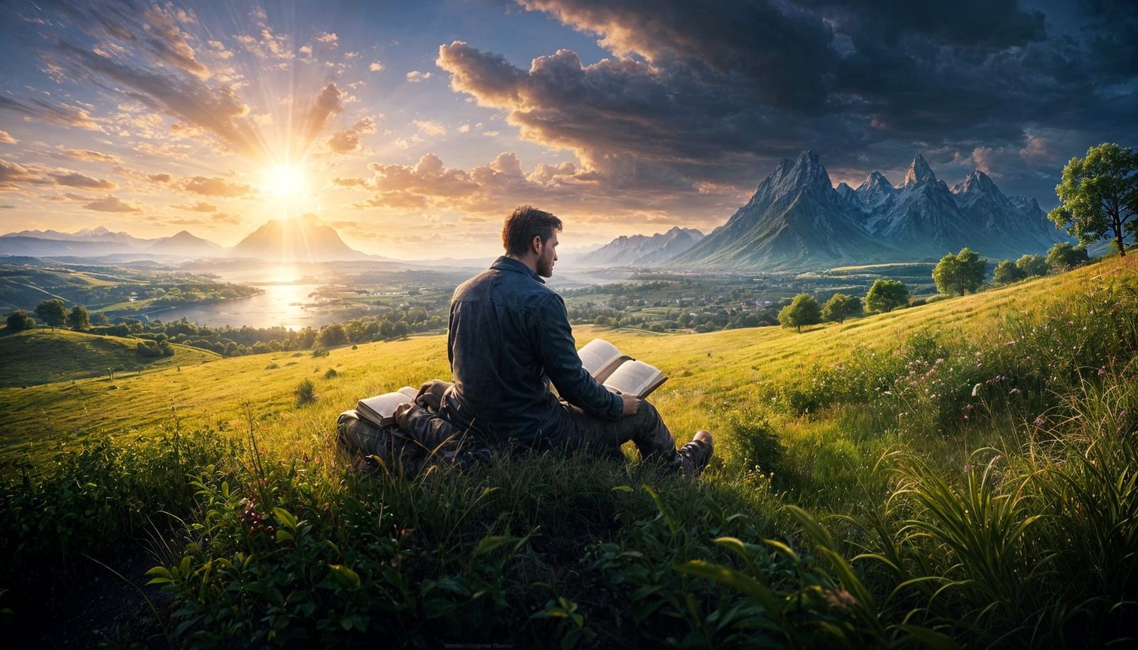 Epic Cinematic Scene of a Man Reading the Bible in a Majesti...