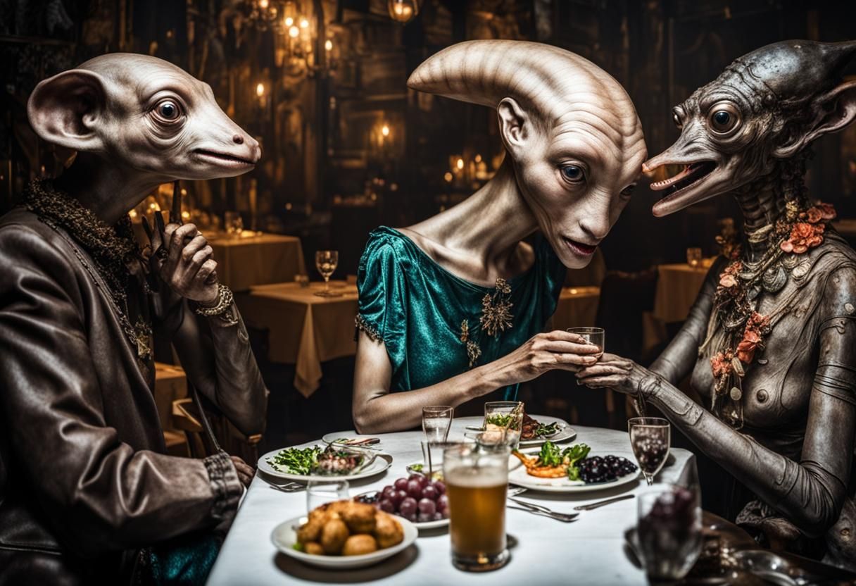 Surreal Restaurant Scene with Exotic Alien Celebration