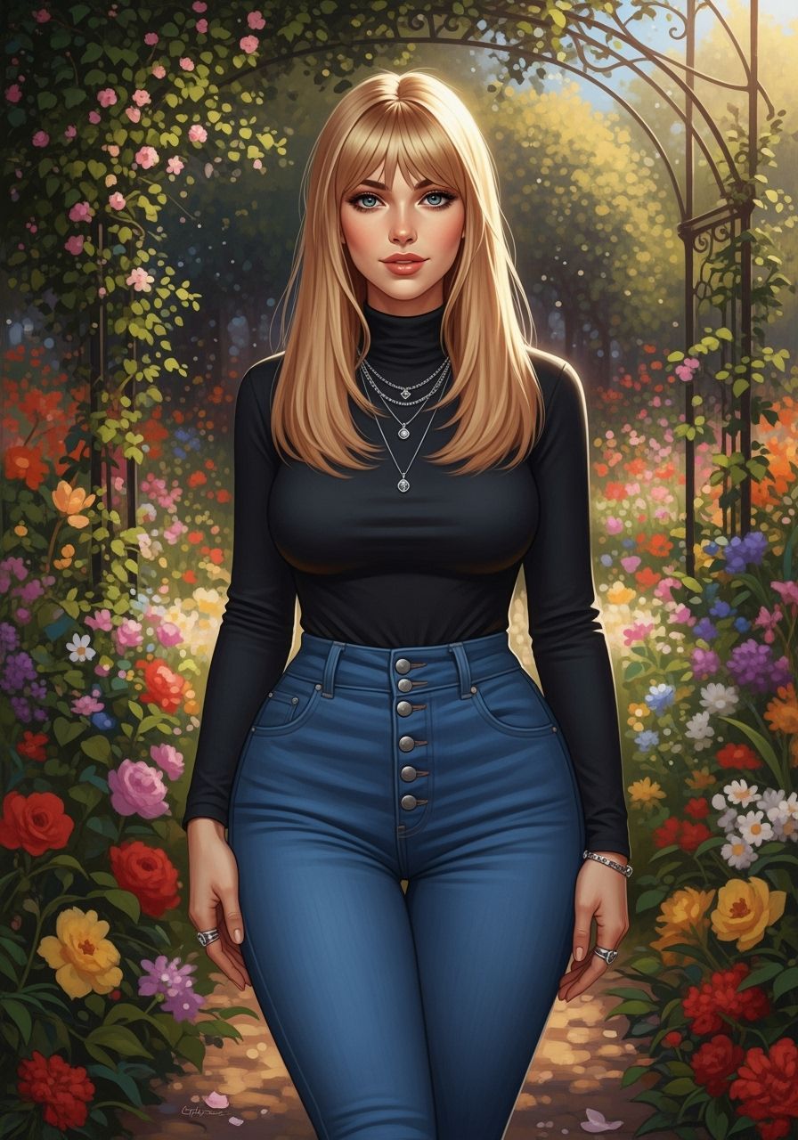 Woman Poses in Lush Garden in Impressionist Style