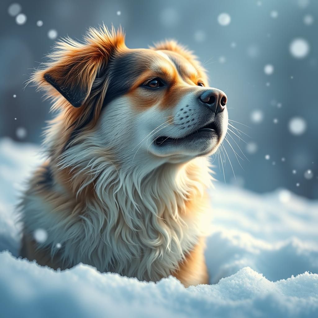 Hyperrealistic Dog Portrait in Snowy Landscape