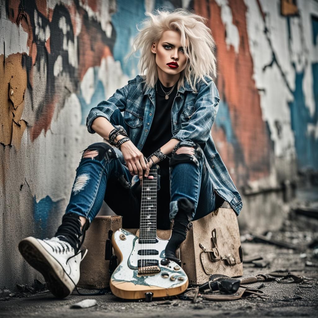 Grunge Style Woman Playing Guitar Portrait