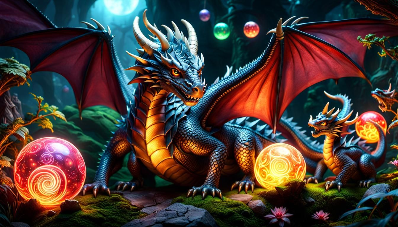 Dragon Playing with Enchanted Orbs in Fantasy Scene