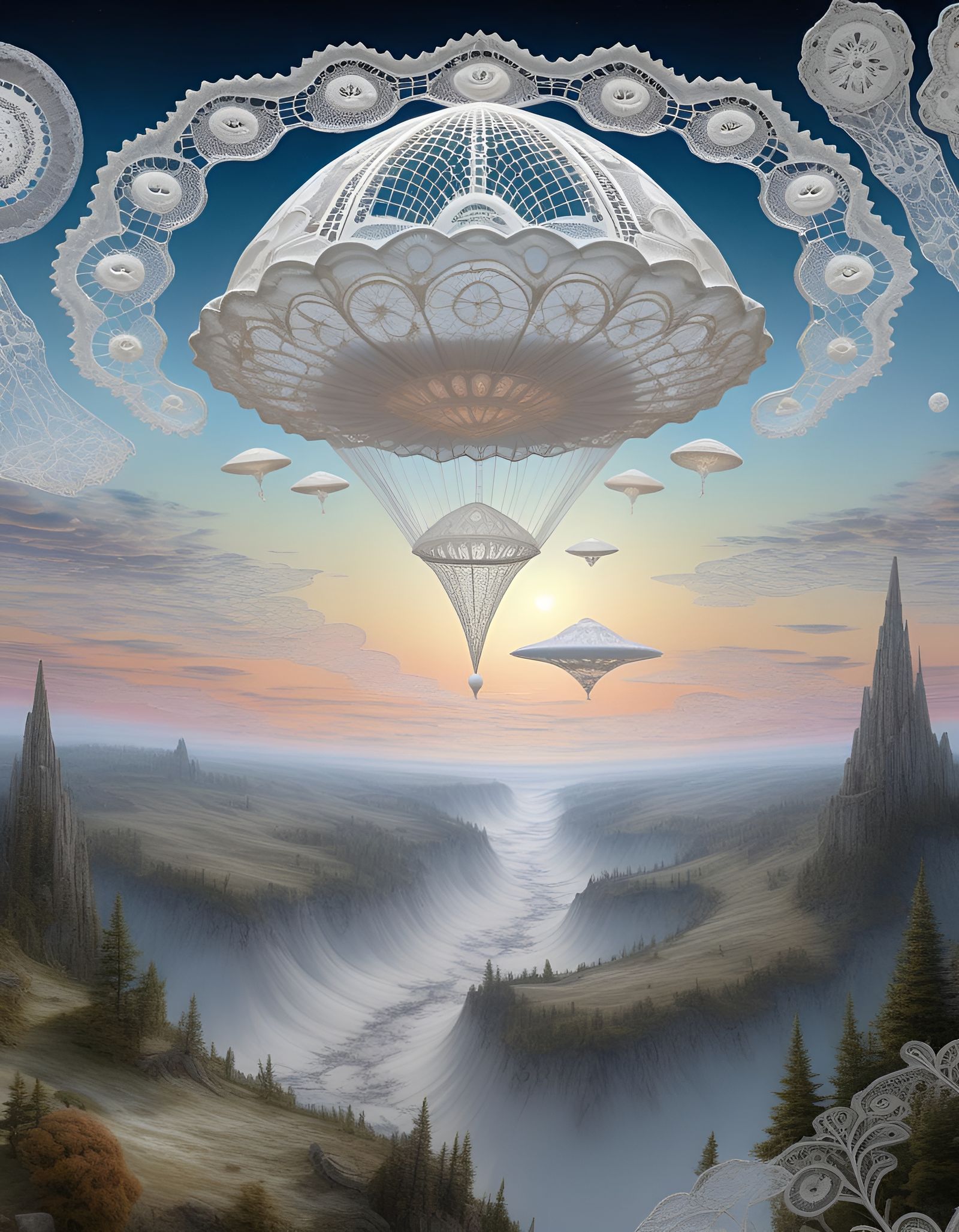 Lace UFOs Over Dystopian Landscape, Hyperrealism