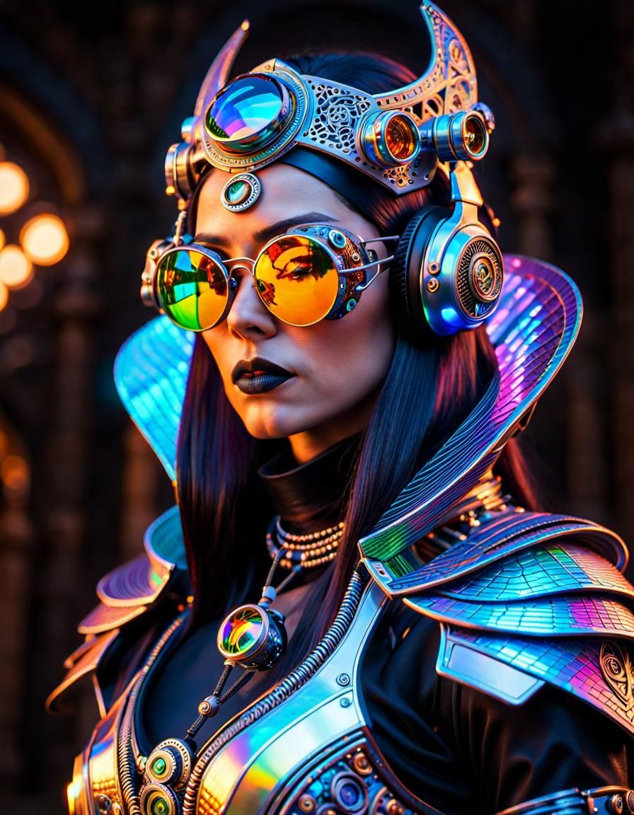 Holographic Sorceress in Steampunk Sci-Fi Portrait