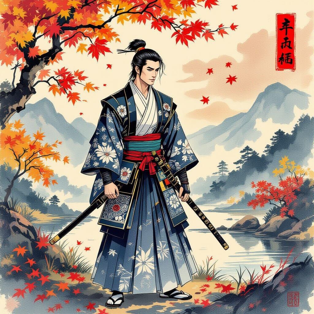 Handsome Samurai in Autumn Landscape, Ukiyo-e Style
