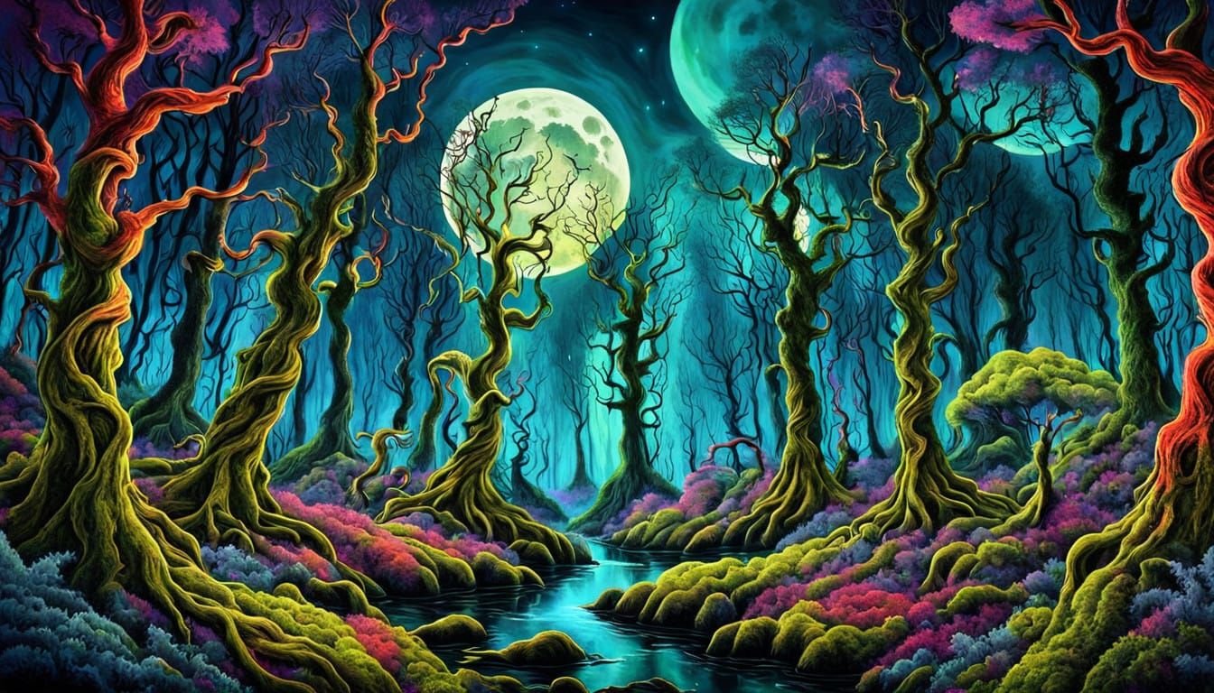 Enchanted Moonlit Forest in Whimsical Artistic Style