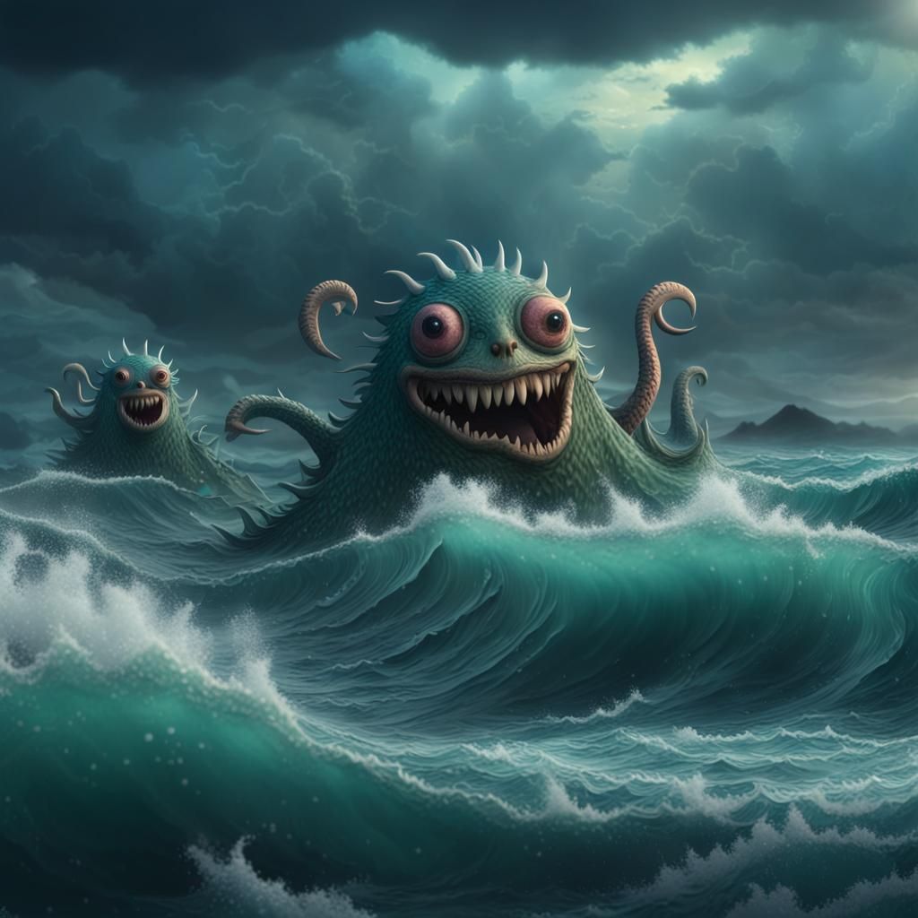 Cute Sea Monsters Play in Epic Ocean Waves