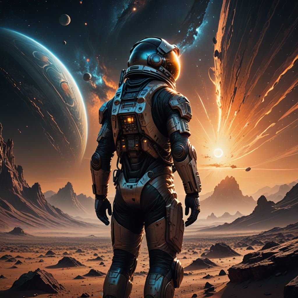 Astronaut on Alien Planet with Nebula