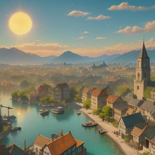 Sunlit Village Concept Art with Dynamic Lighting