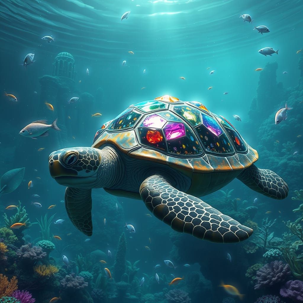 Gemstone Turtle in Bioluminescent Underwater Kingdom