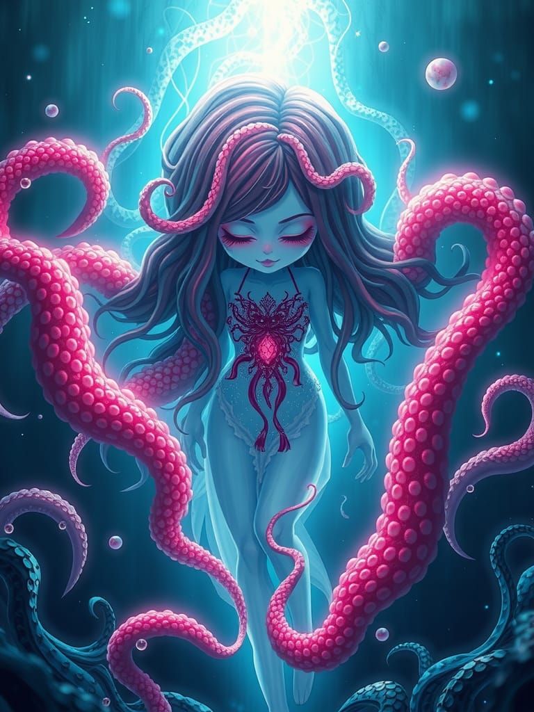 Kraken Girl in the Abyss: 3D Surrealism