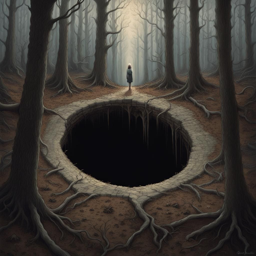 Sinister Forest Hole Reveals Pale Woman in Dark Art