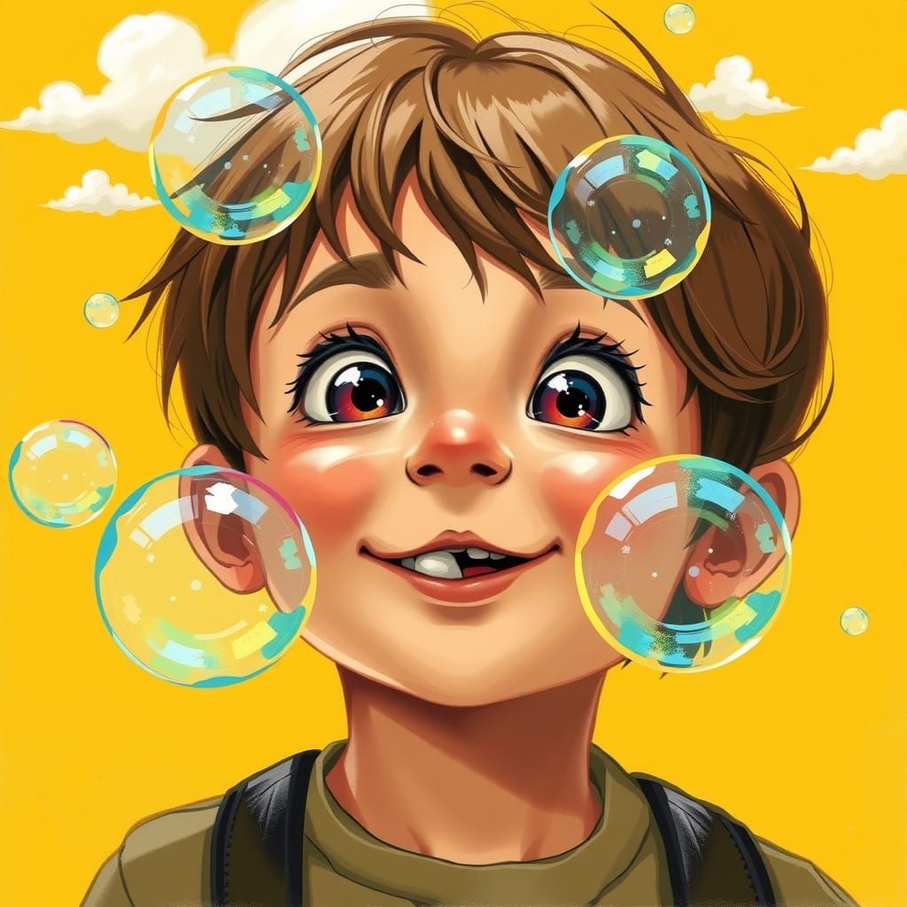 Boy Blowing Bubbles in Whimsical Illustration Style