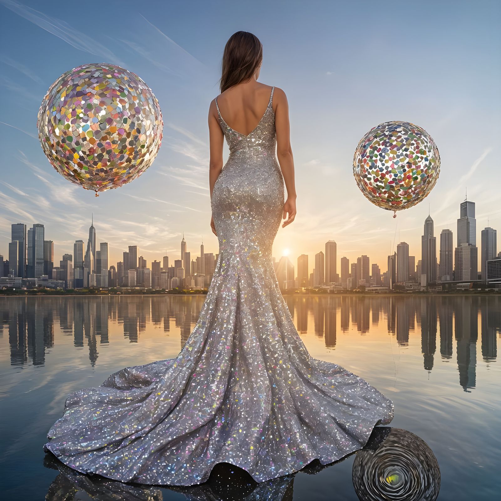 Glamorous Futuristic City Sunrise in Vibrant Sequins