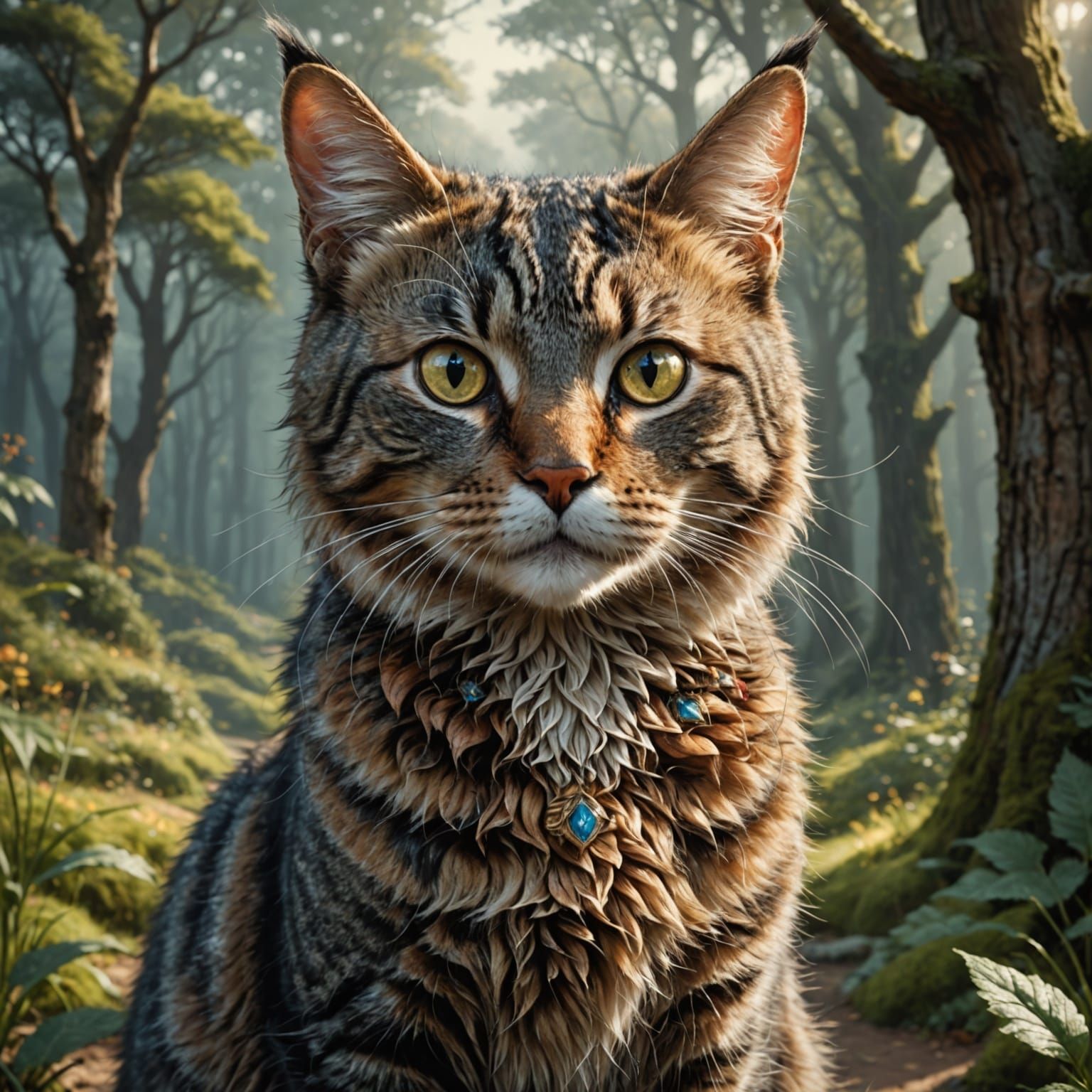 Majestic Calico Cat Embarks into Enchanted Forest