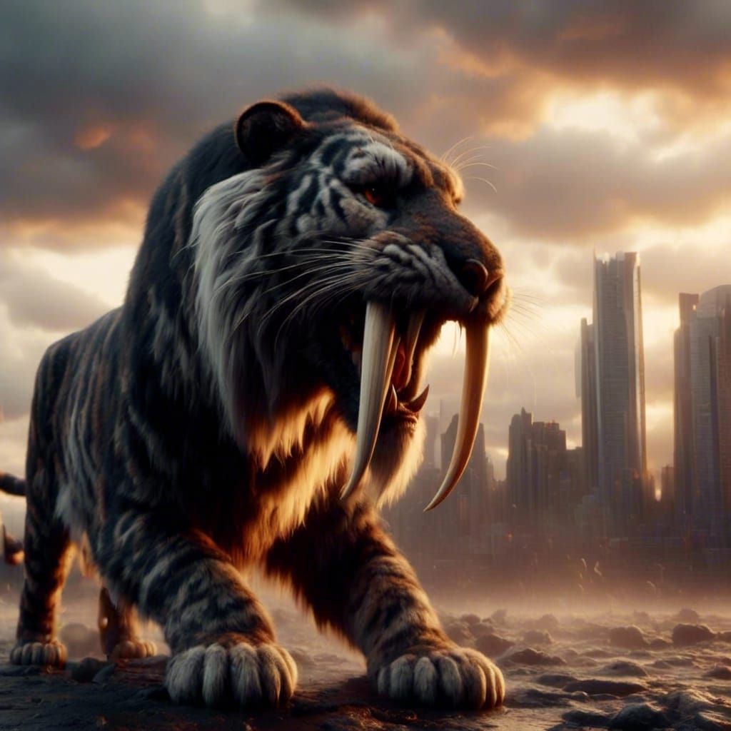 <lora:SmilodonTeeth:1.0> <lora:Sabertooth:1.0> close body shot of a gorgeous black smilodon roaring. Background is a mod...