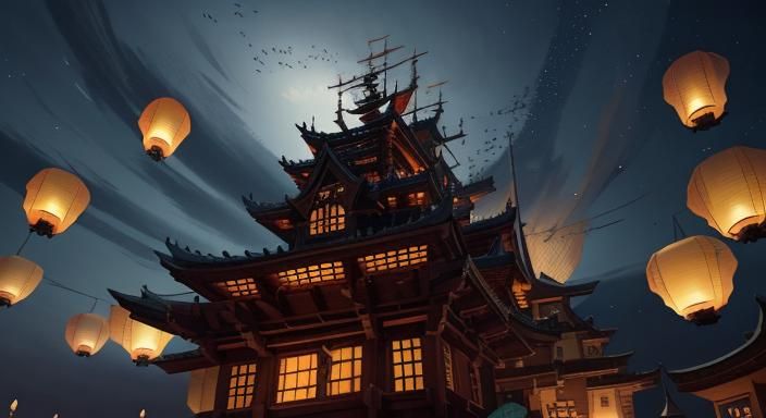 Flying Lanterns and Dragons in Anime Style