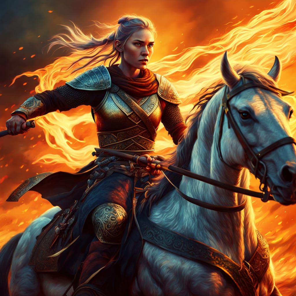 Viking Warrior Woman on Horseback in Digital Painting